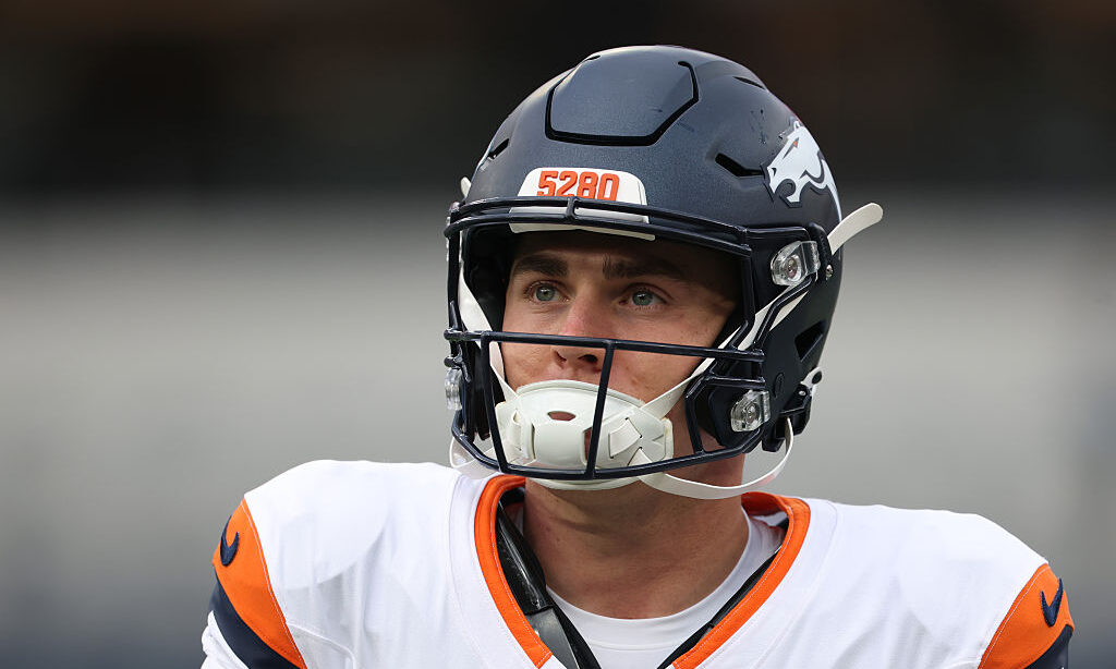INGLEWOOD, CALIFORNIA - OCTOBER 11: Bo Nix #10 of the Denver Broncos during warm up before the game against the Los Angeles Chargers at SoFi Stadium on October 11, 2026 in Inglewood, California.