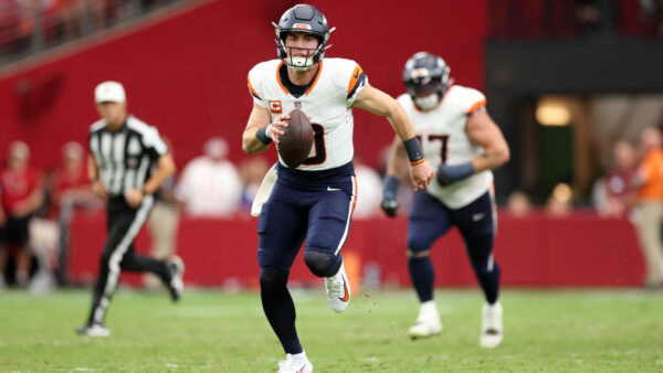 GLENDALE, ARIZONA - OCTOBER 25: Bo Nix #10 of the Denver Broncos runs for a touchdown during the second quarter of the game against the Arizona Cardinals at State Farm Stadium on October 25, 2026 in Glendale, Arizona.