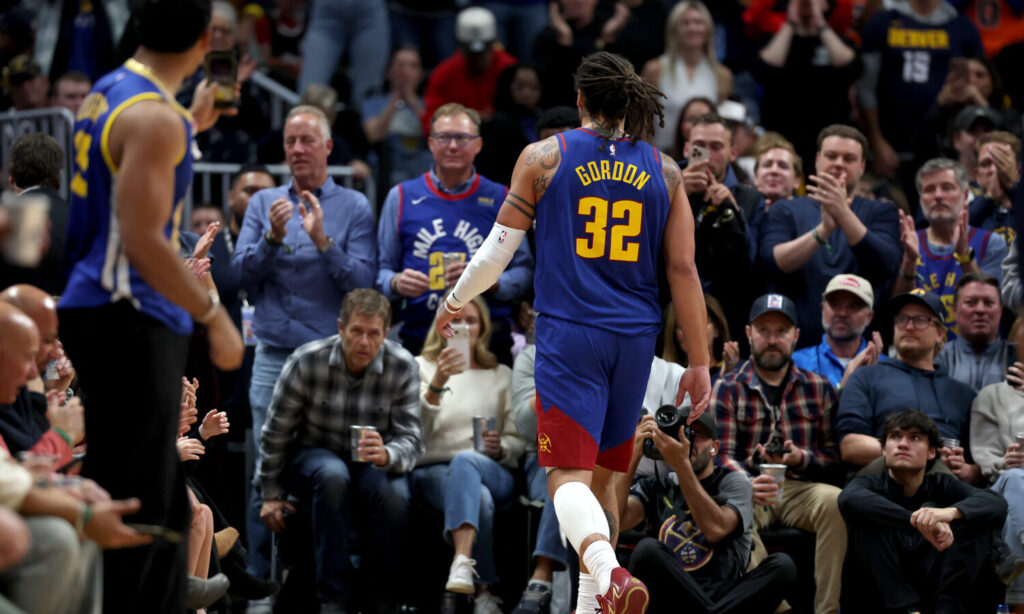 DENVER, COLORADO - OCTOBER 26: Aaron Gordon #32 of the Denver Nuggets leaves the game after receiving his second technical against the Golden State Warriors during the fourth quarter at Ball Arena on October 26, 2026 in Denver, Colorado. NOTE TO USER: User expressly acknowledges and agrees that, by downloading and or using this photograph, User is consenting to the terms and conditions of the Getty Images License Agreement.