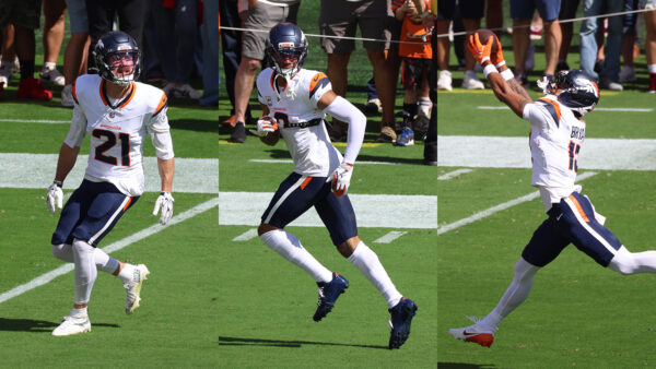 Broncos players Riley Moss, Pat Surtain II and Pat Bryant