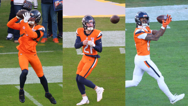 Broncos players Pat Surtain II, Riley Moss and Pat Bryant